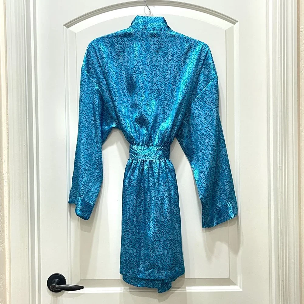 Victoria's Secret Robe Blue Two Tone Spotted Satin Belted Kimono Short One Size